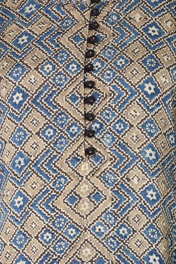 Beige Ajrak Printed Mirror Work Modal Satin Straight Kurta