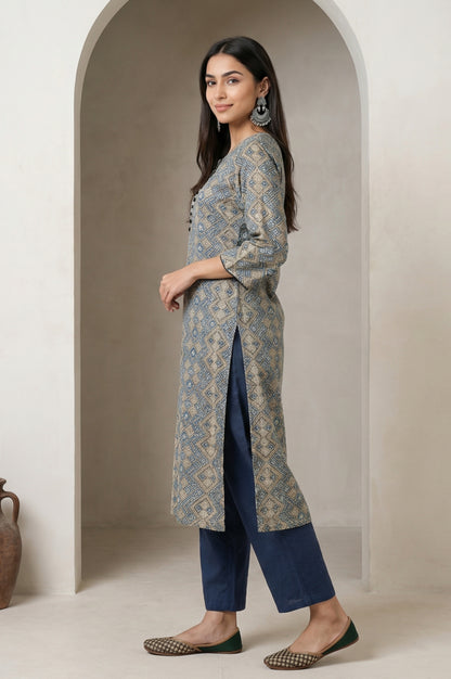 Beige Ajrak Printed Mirror Work Modal Satin Straight Kurta