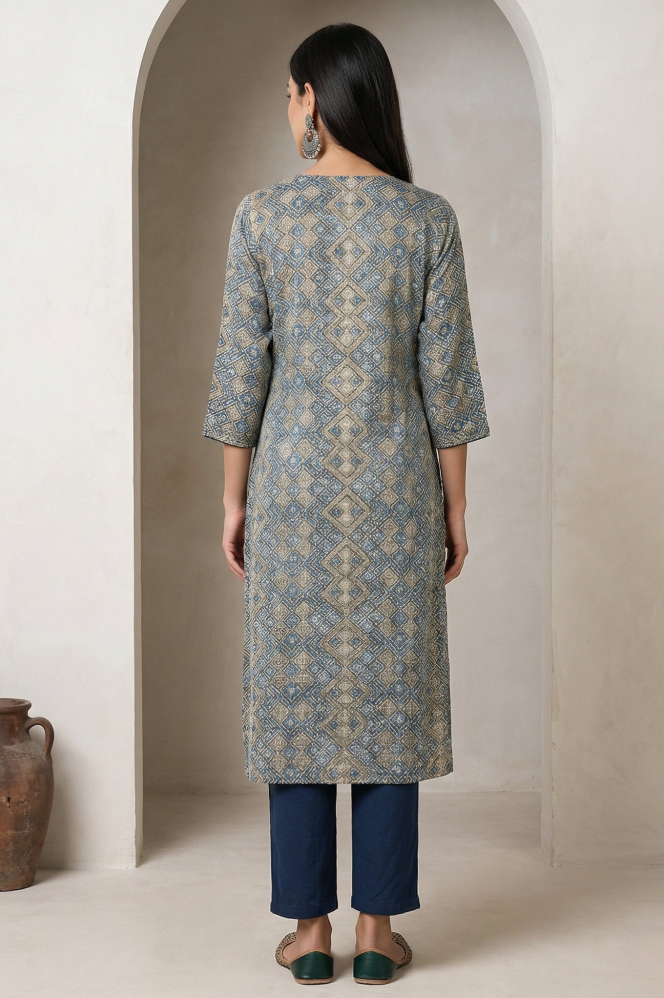 Beige Ajrak Printed Mirror Work Modal Satin Straight Kurta