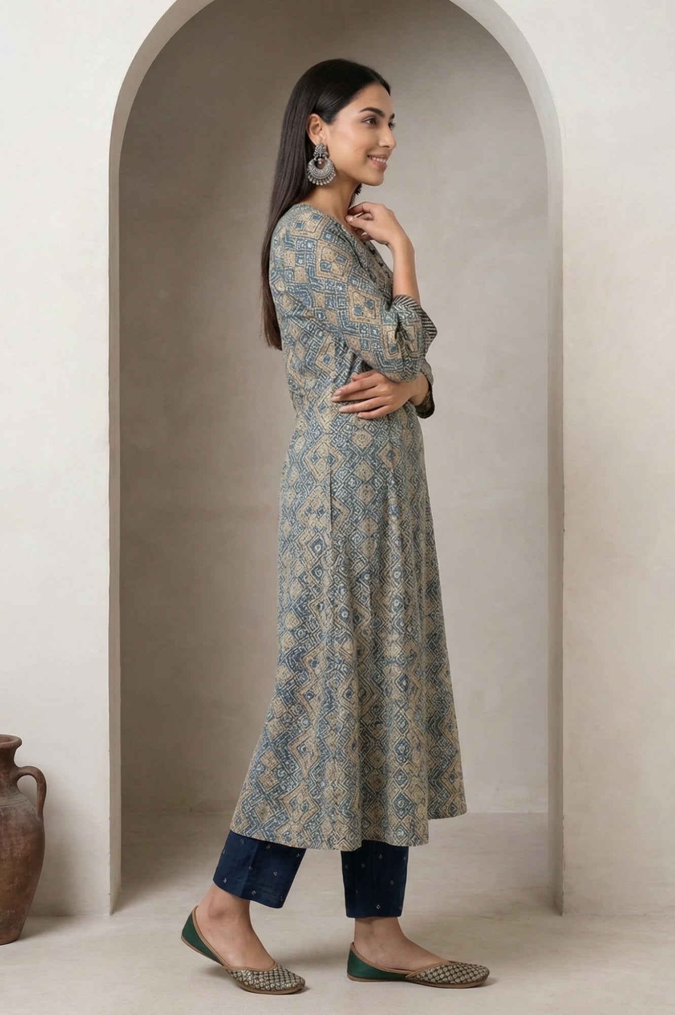 Beige Ajrak Printed Mirror Work Modal Satin Straight Kurta