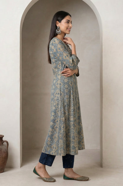 Beige Ajrak Printed Mirror Work Modal Satin Straight Kurta