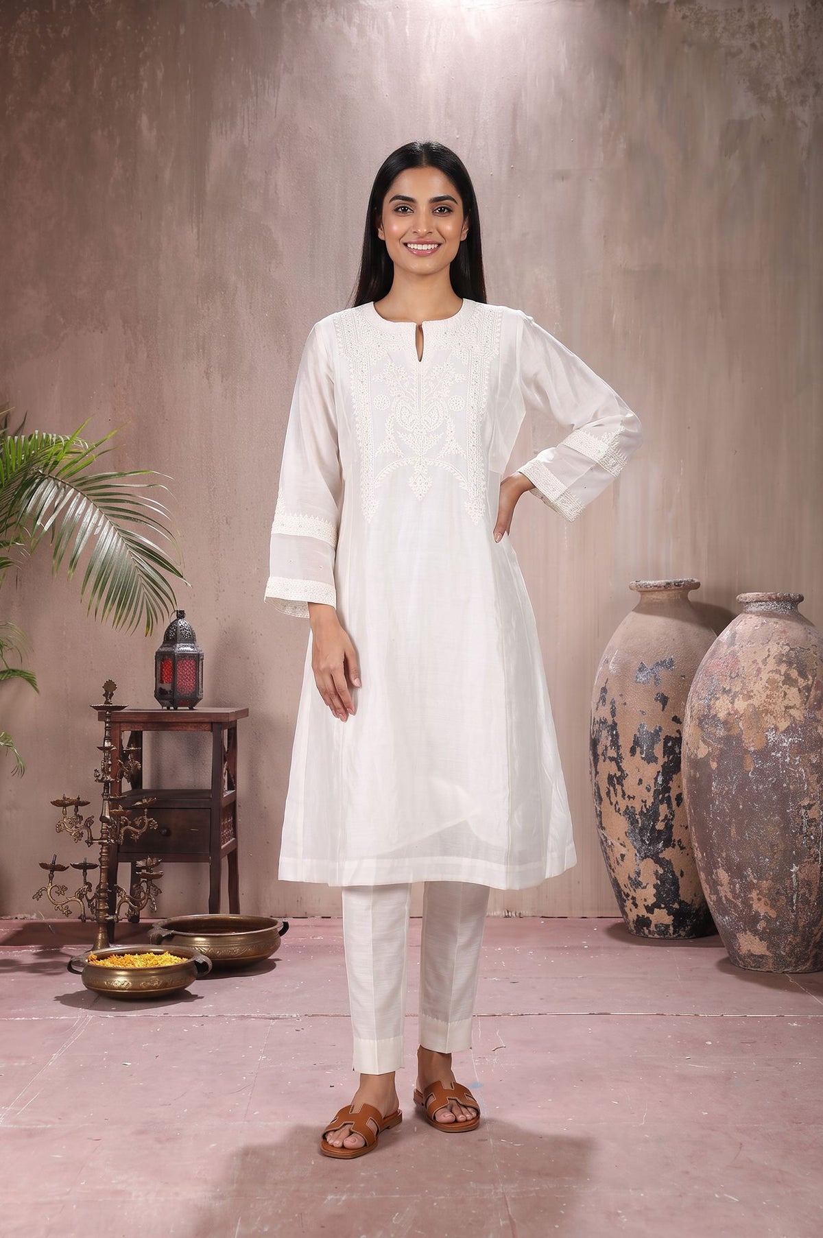 Off White Chikankari Embroidered Cotton Silk Flared Kurta