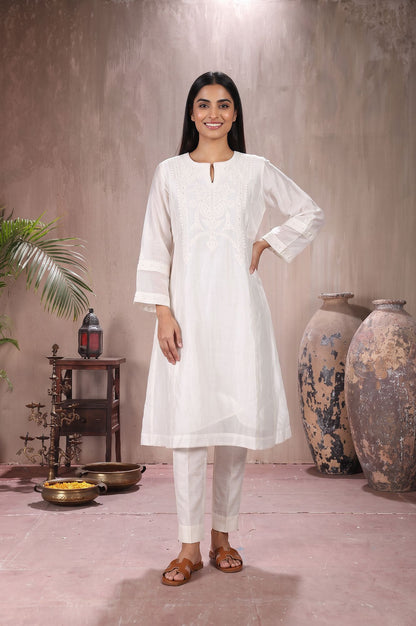 Off White Chikankari Embroidered Cotton Silk Flared Kurta