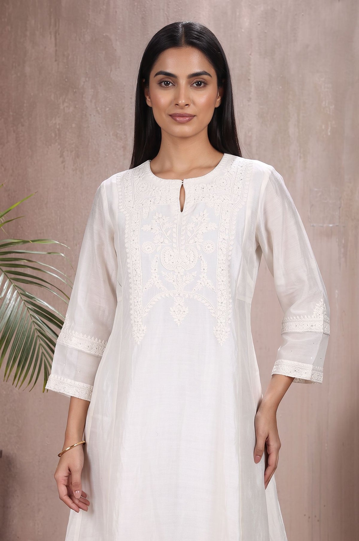 Off White Chikankari Embroidered Cotton Silk Flared Kurta