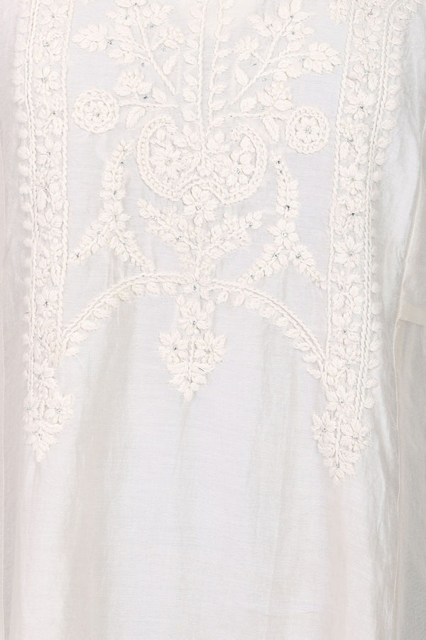 Off White Chikankari Embroidered Cotton Silk Flared Kurta