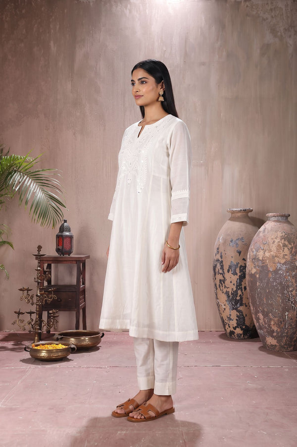 Off White Chikankari Embroidered Cotton Silk Flared Kurta