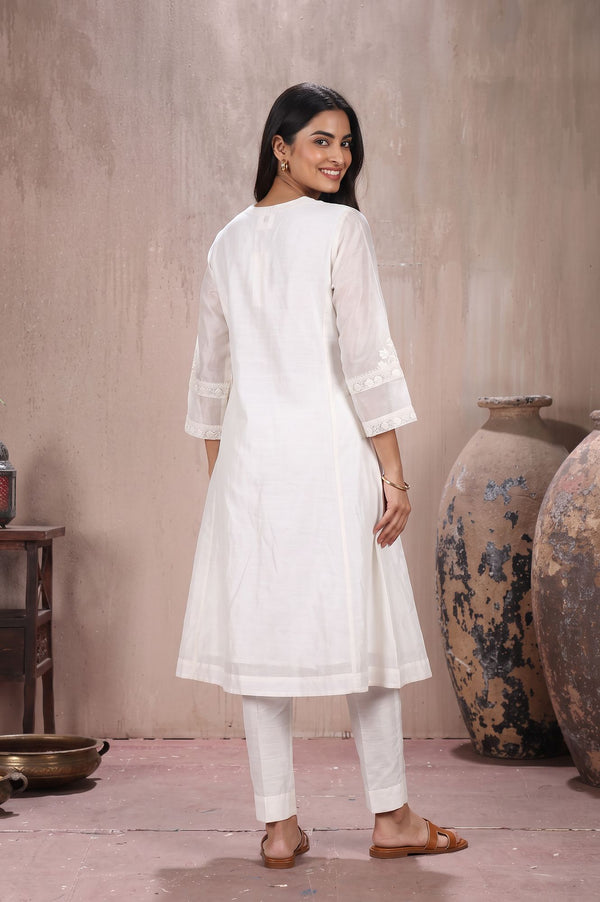 Off White Chikankari Embroidered Cotton Silk Flared Kurta