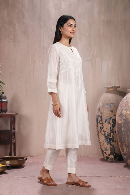 Off White Chikankari Embroidered Cotton Silk Flared Kurta