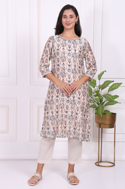 Beige Floral Printed Thread Embroidered Cotton Silk Straight Kurta