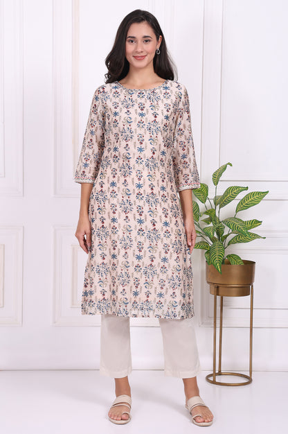 Beige Floral Printed Thread Embroidered Cotton Silk Straight Kurta