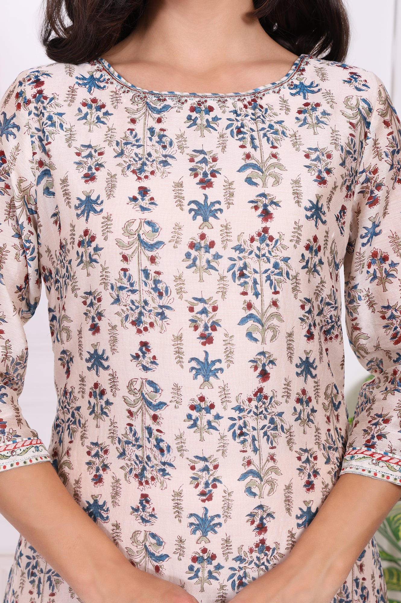 Beige Floral Printed Thread Embroidered Cotton Silk Straight Kurta