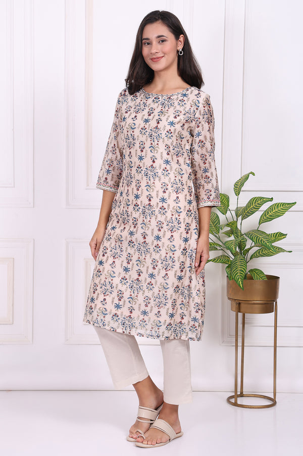 Beige Floral Printed Thread Embroidered Cotton Silk Straight Kurta