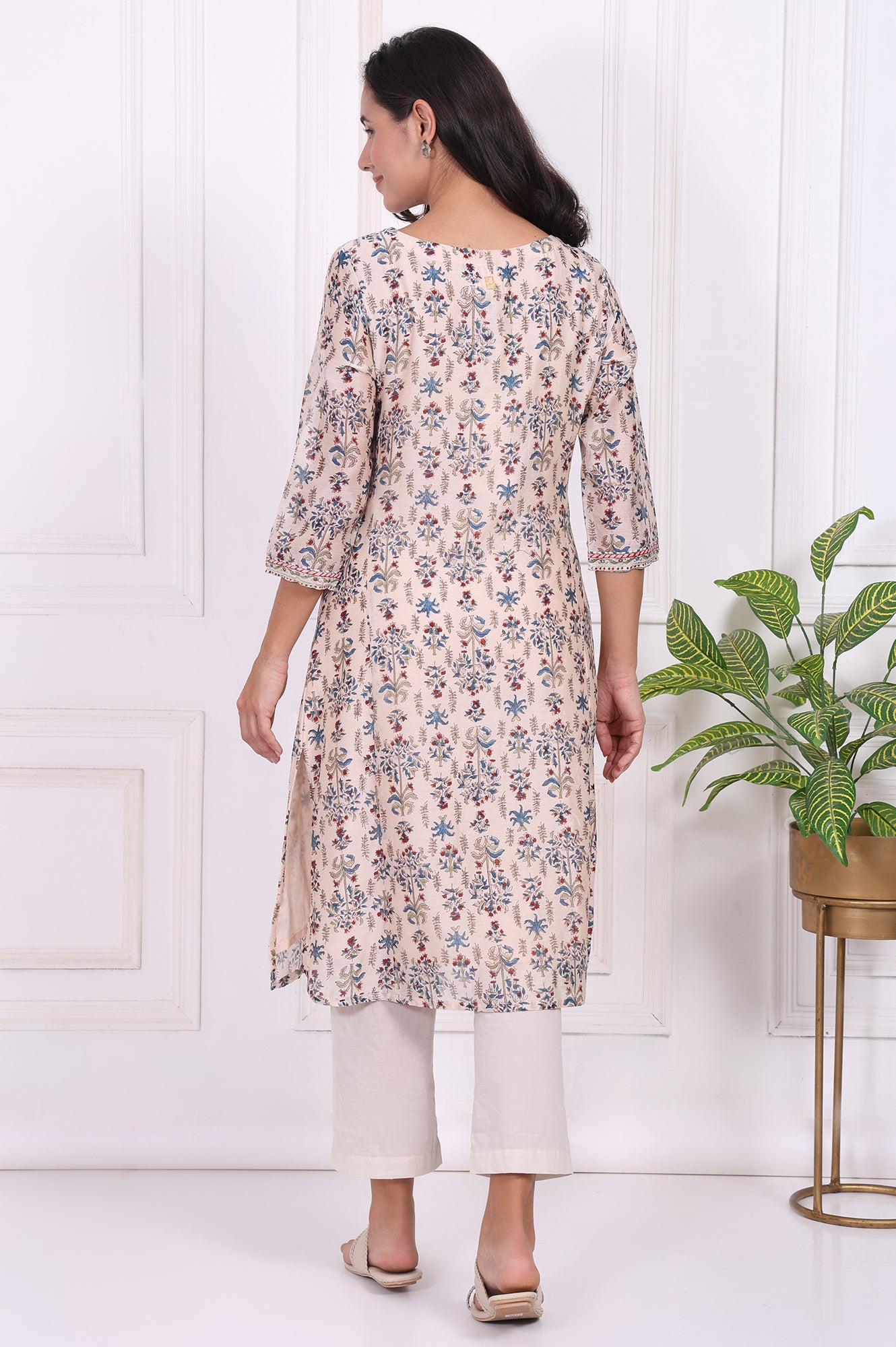 Beige Floral Printed Thread Embroidered Cotton Silk Straight Kurta
