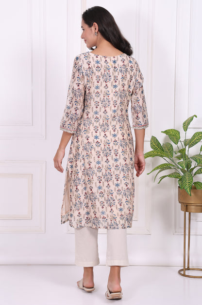 Beige Floral Printed Thread Embroidered Cotton Silk Straight Kurta