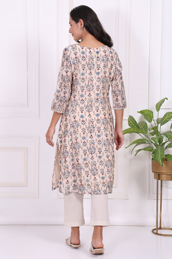 Beige Floral Printed Thread Embroidered Cotton Silk Straight Kurta