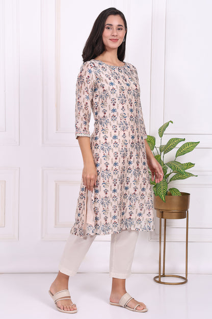Beige Floral Printed Thread Embroidered Cotton Silk Straight Kurta