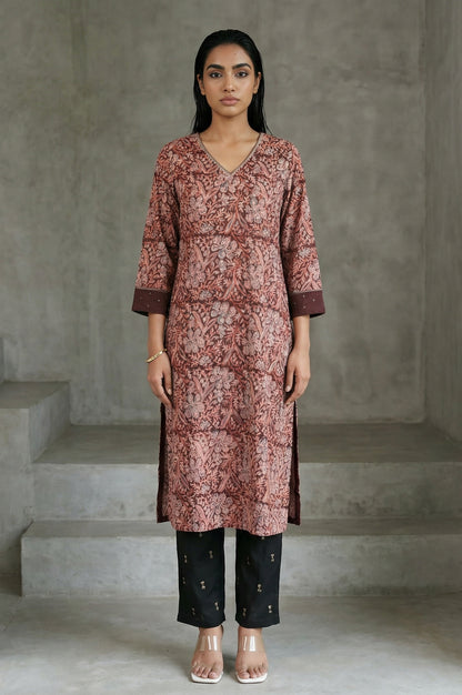Chocolate Brown Sequins Floral Printed Pure Cotton Straight Kurta