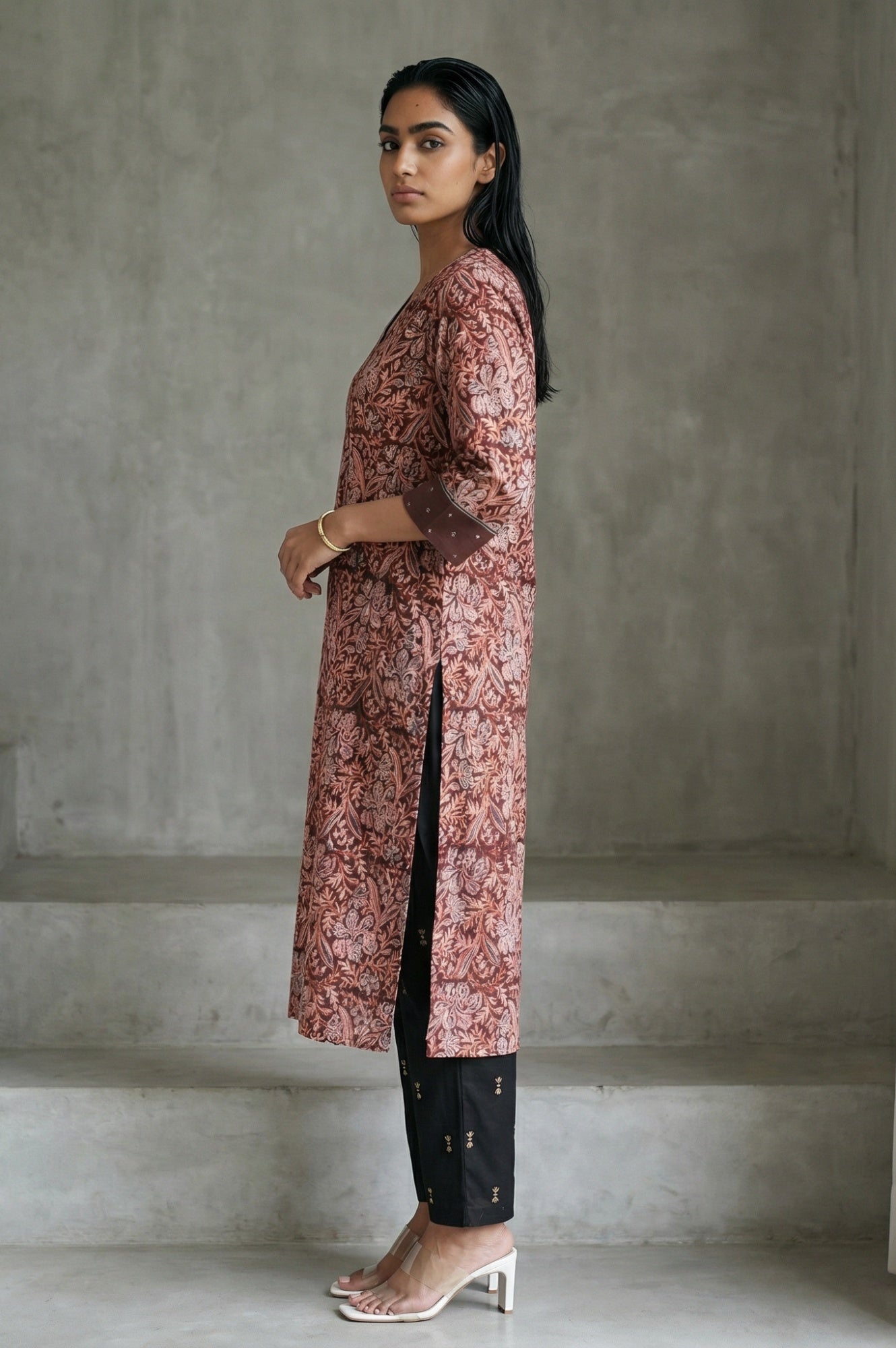 Chocolate Brown Sequins Floral Printed Pure Cotton Straight Kurta