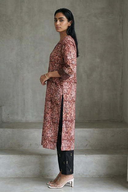 Chocolate Brown Sequins Floral Printed Pure Cotton Straight Kurta