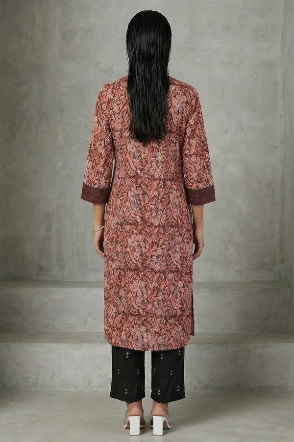 Chocolate Brown Sequins Floral Printed Pure Cotton Straight Kurta