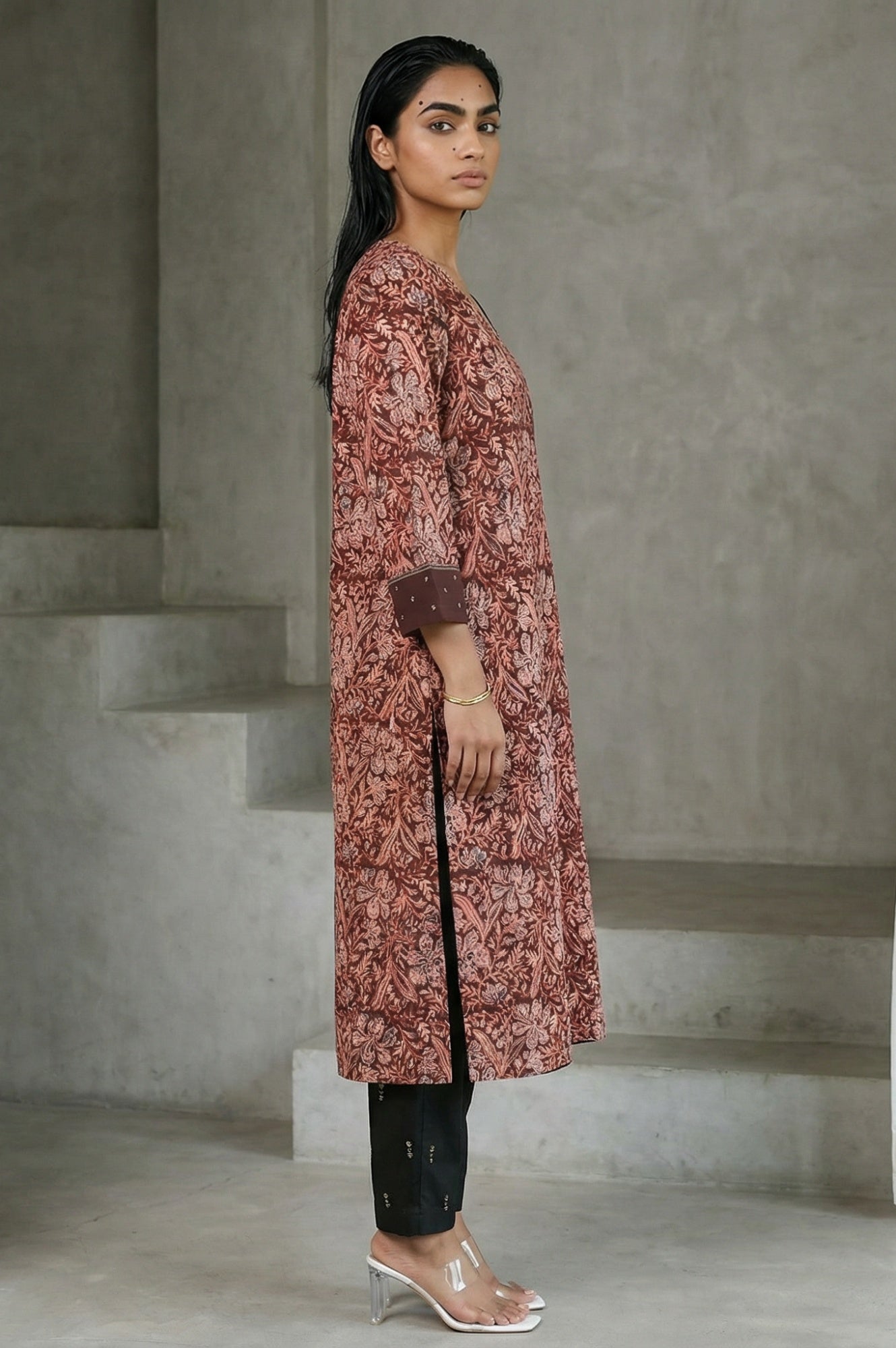 Chocolate Brown Sequins Floral Printed Pure Cotton Straight Kurta