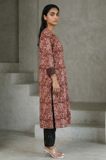 Chocolate Brown Sequins Floral Printed Pure Cotton Straight Kurta