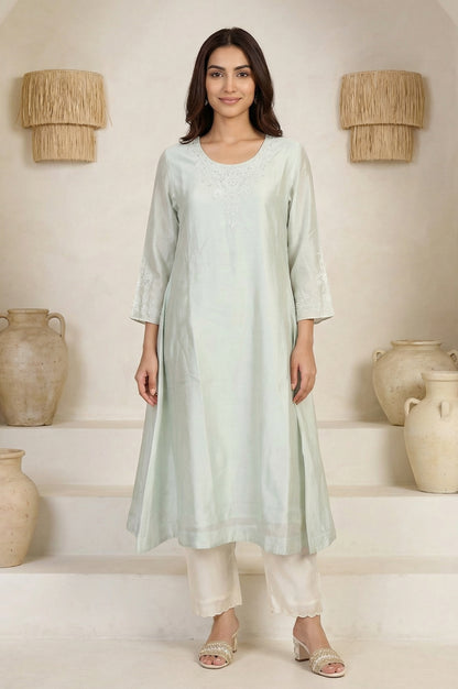 Sea Green Embroidered Pearl Work Cotton Blend A-line Kurta