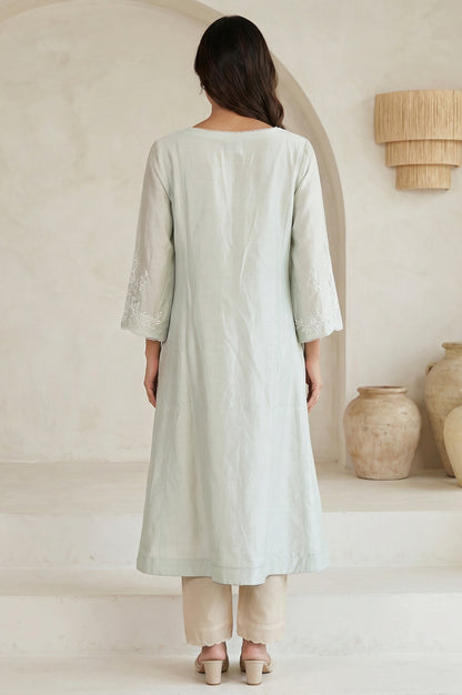 Sea Green Embroidered Pearl Work Cotton Blend A-line Kurta