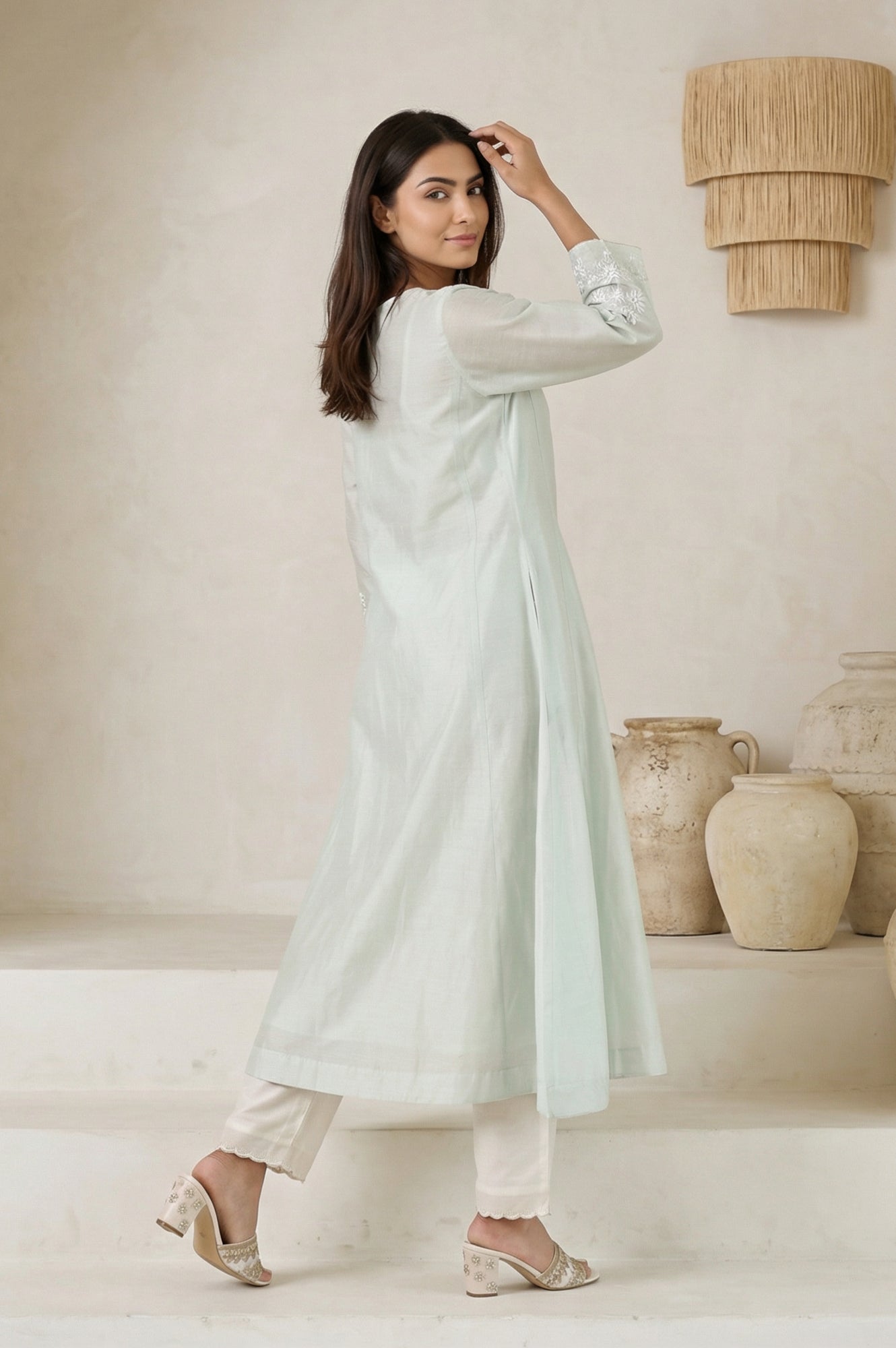 Sea Green Embroidered Pearl Work Cotton Blend A-line Kurta
