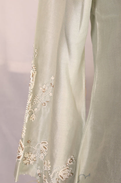 Sea Green Embroidered Pearl Work Cotton Blend A-line Kurta