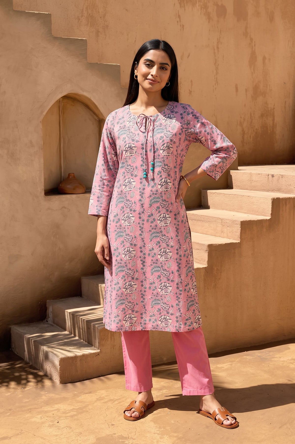 Pink Block Printed Pure Cotton Straight Kurta