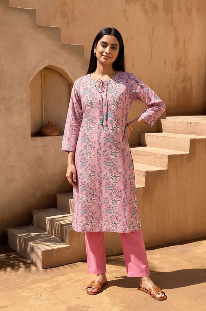 Pink Block Printed Pure Cotton Straight Kurta