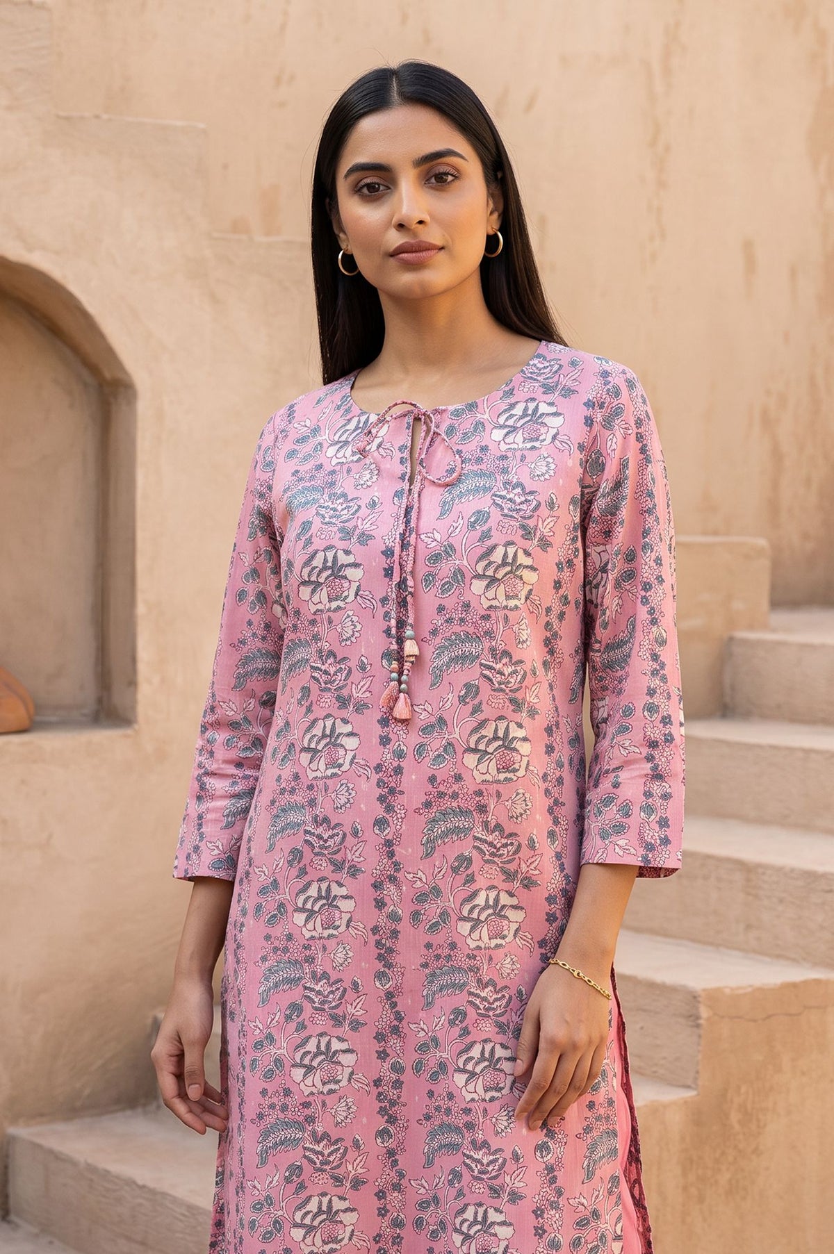 Pink Block Printed Pure Cotton Straight Kurta