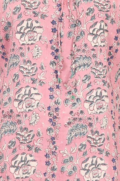 Pink Block Printed Pure Cotton Straight Kurta