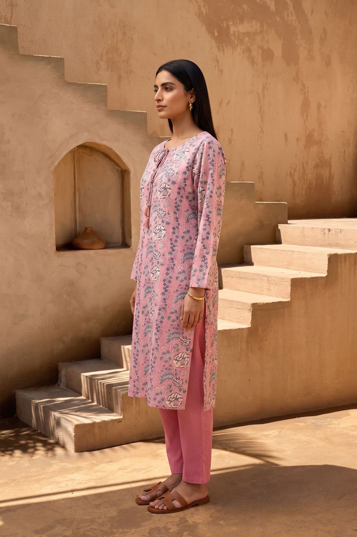 Pink Block Printed Pure Cotton Straight Kurta