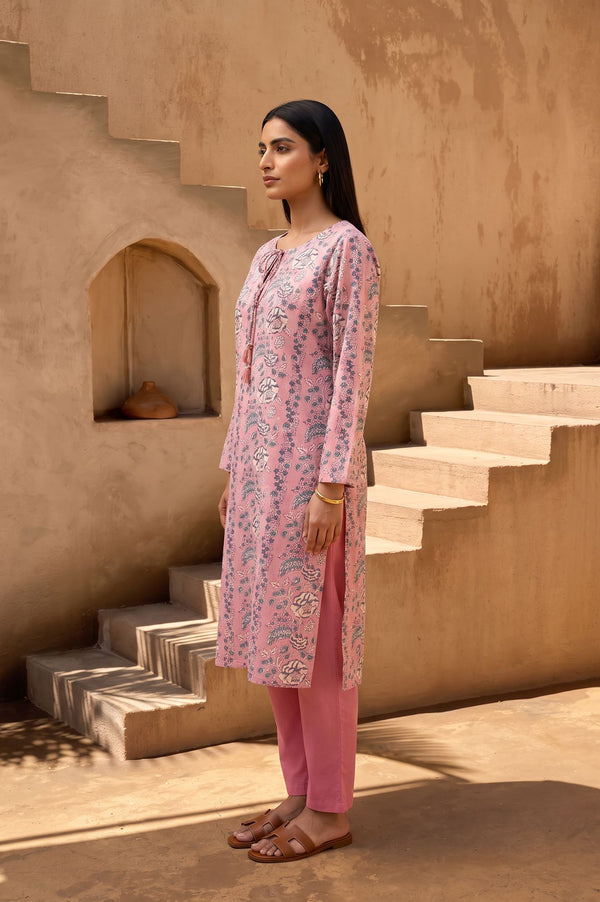 Pink Block Printed Pure Cotton Straight Kurta