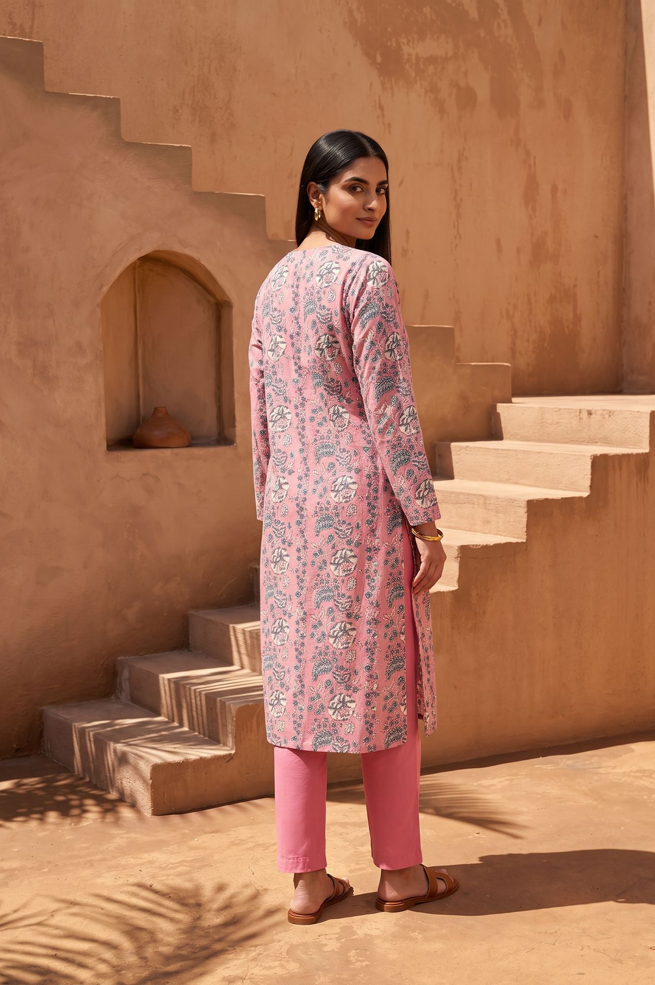 Pink Block Printed Pure Cotton Straight Kurta