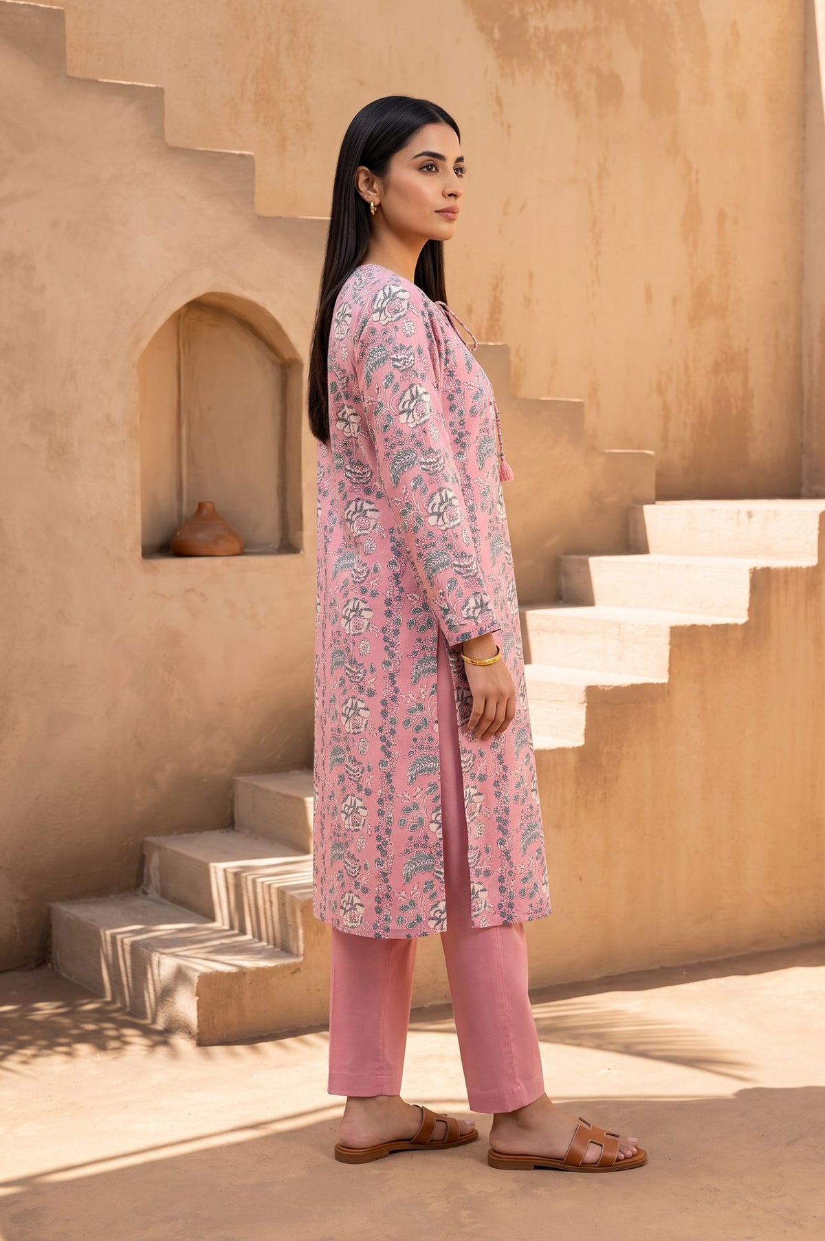 Pink Block Printed Pure Cotton Straight Kurta