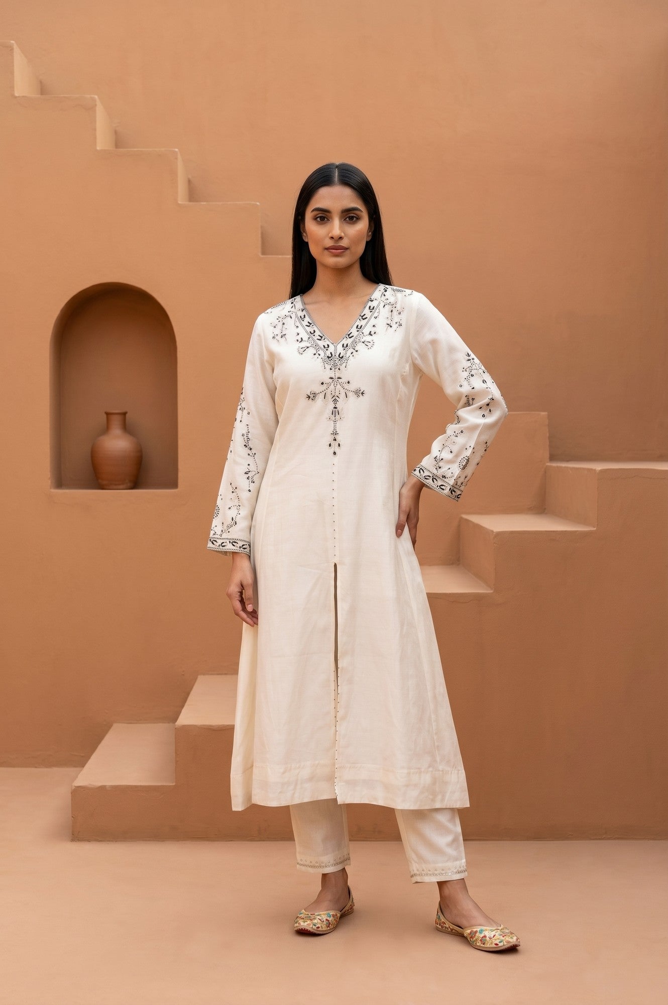 Off White Embroidered Cotton Silk Straight Kurta