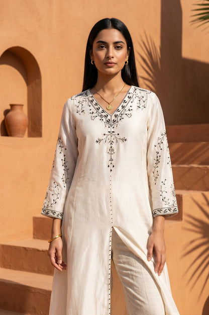 Off White Embroidered Cotton Silk Straight Kurta