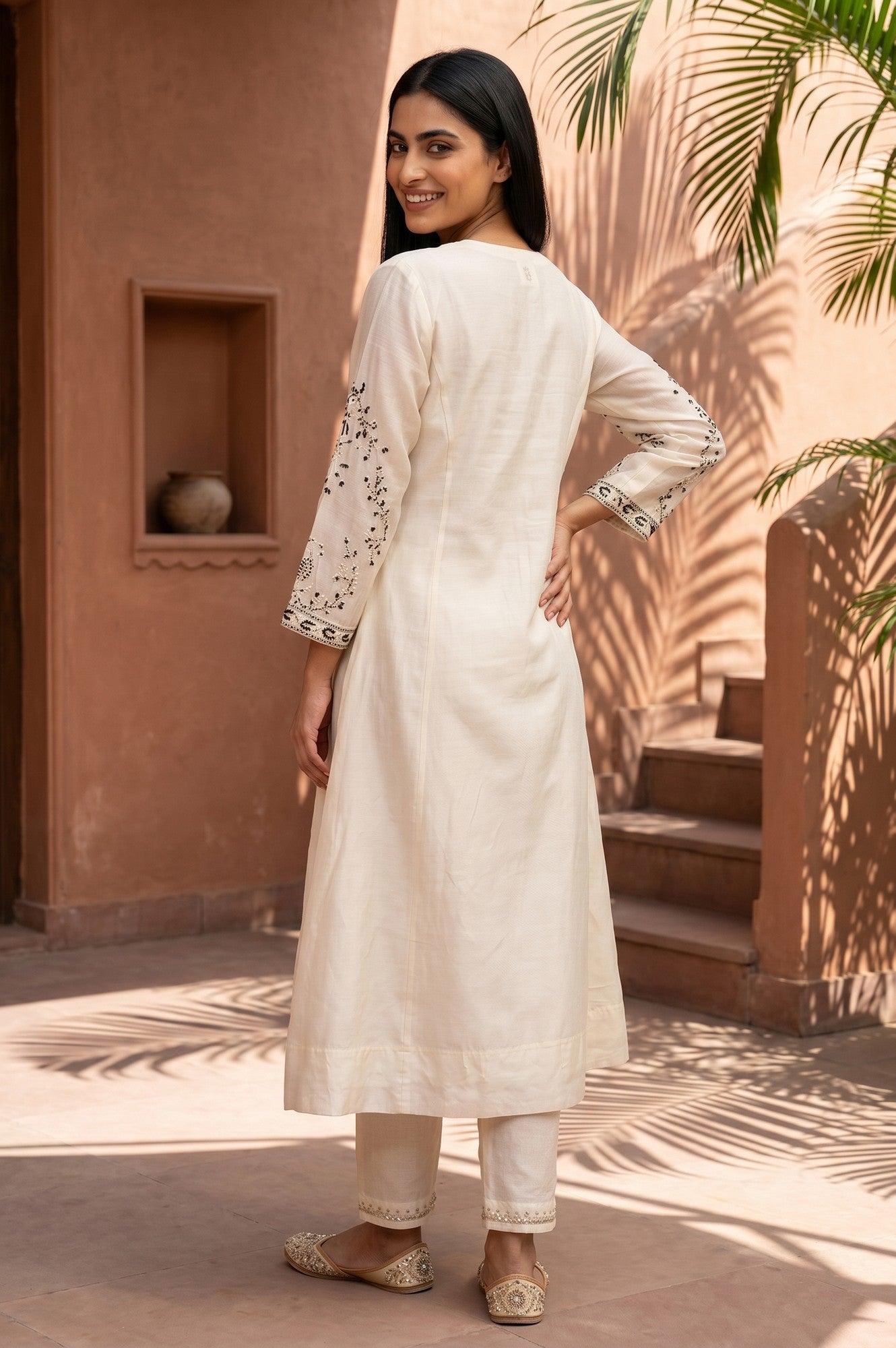 Off White Embroidered Cotton Silk Straight Kurta