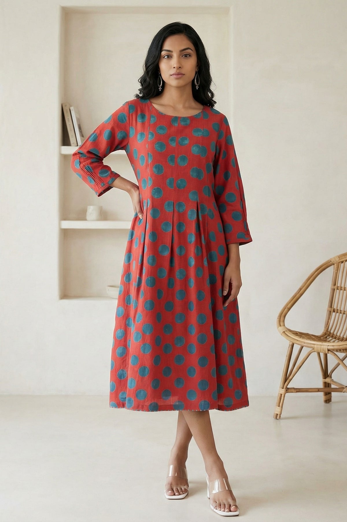 Red Polka Dots Pure Cotton A-line Dress - XS