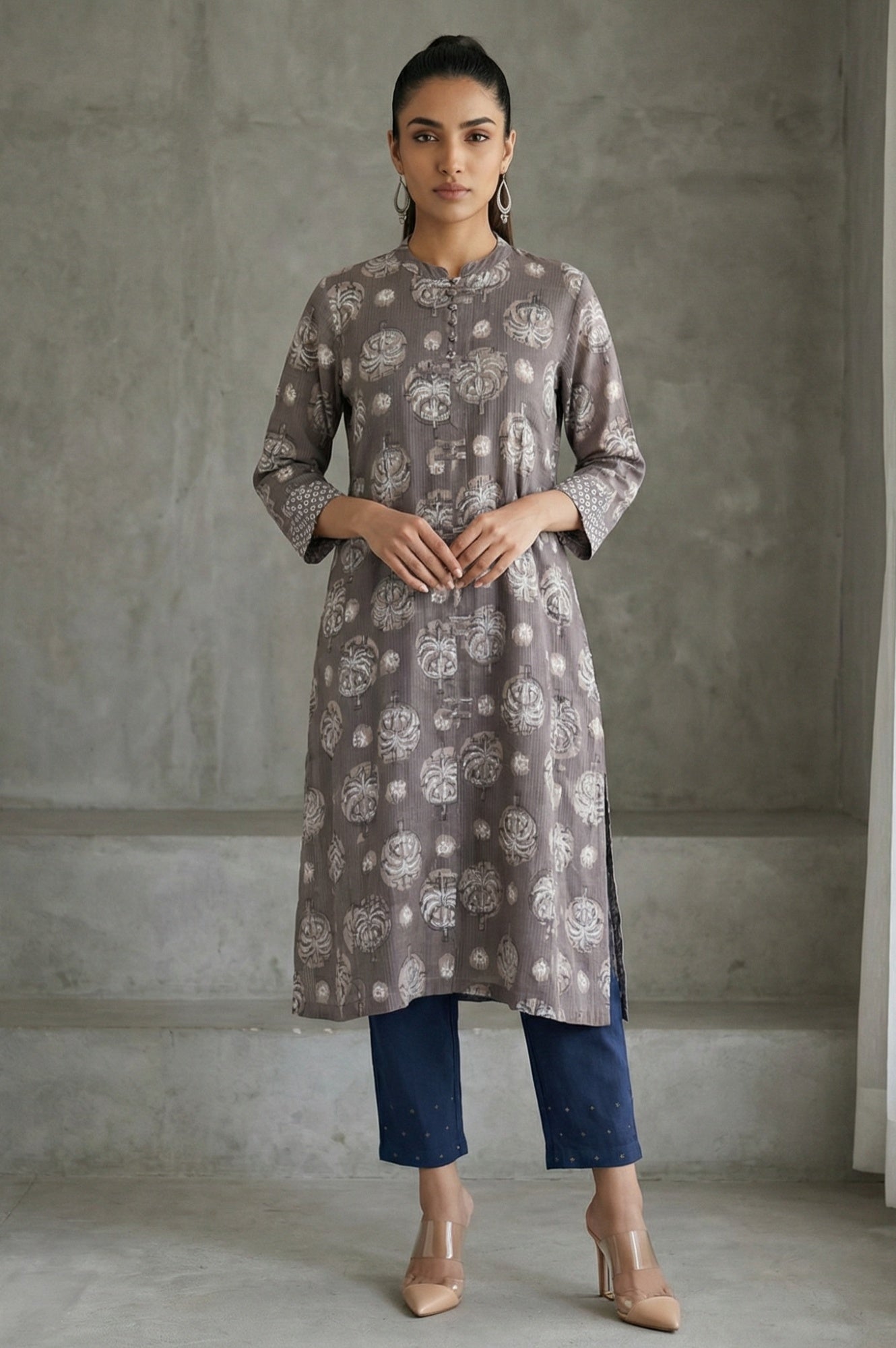 Clay Grey Botanical Block Printed Pure Cotton Straight Kurta