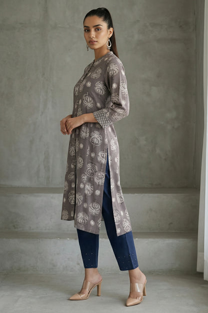 Clay Grey Botanical Block Printed Pure Cotton Straight Kurta