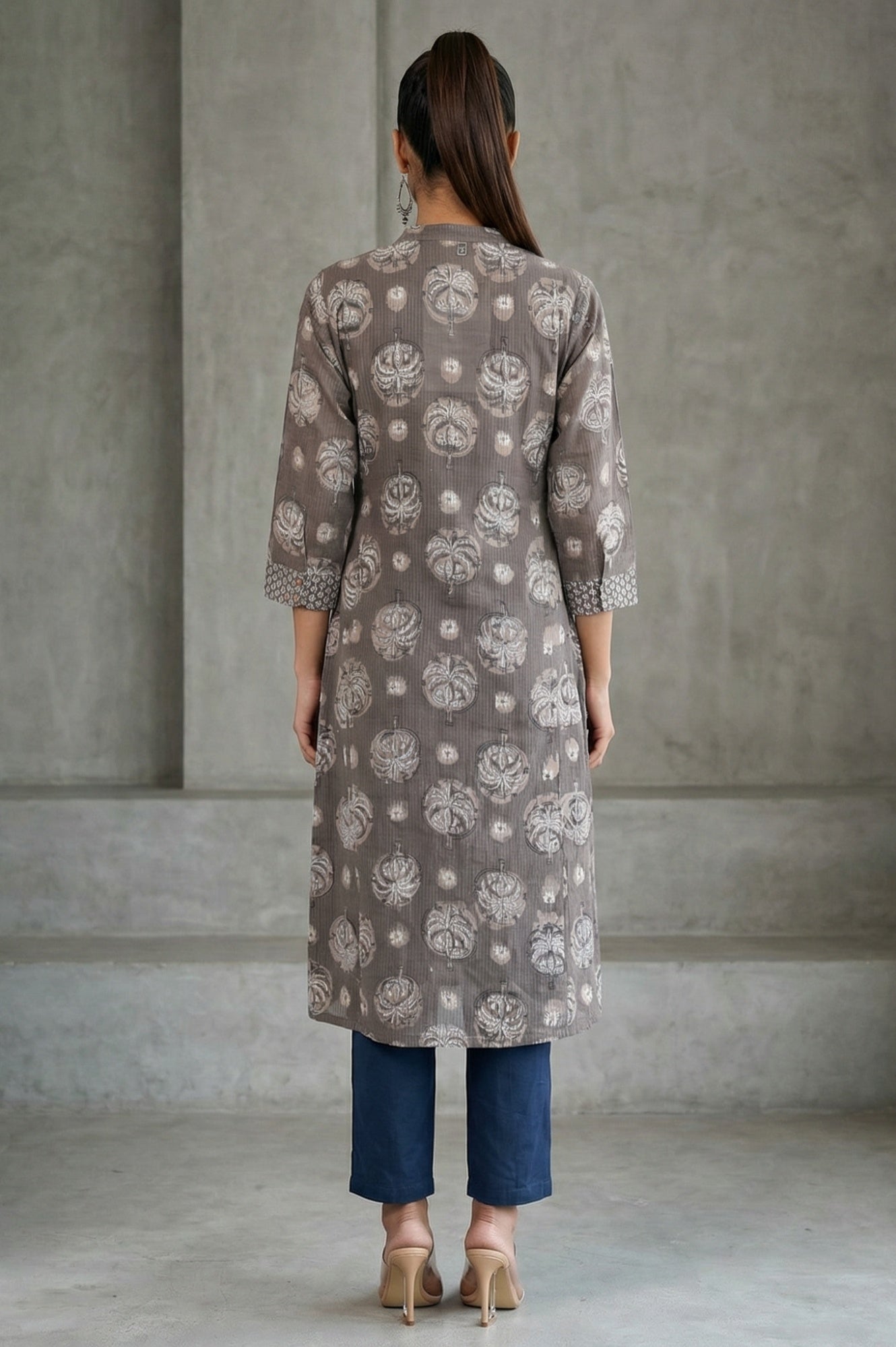 Clay Grey Botanical Block Printed Pure Cotton Straight Kurta