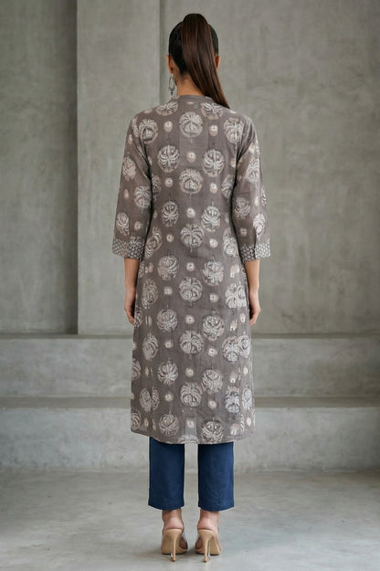 Clay Grey Botanical Block Printed Pure Cotton Straight Kurta