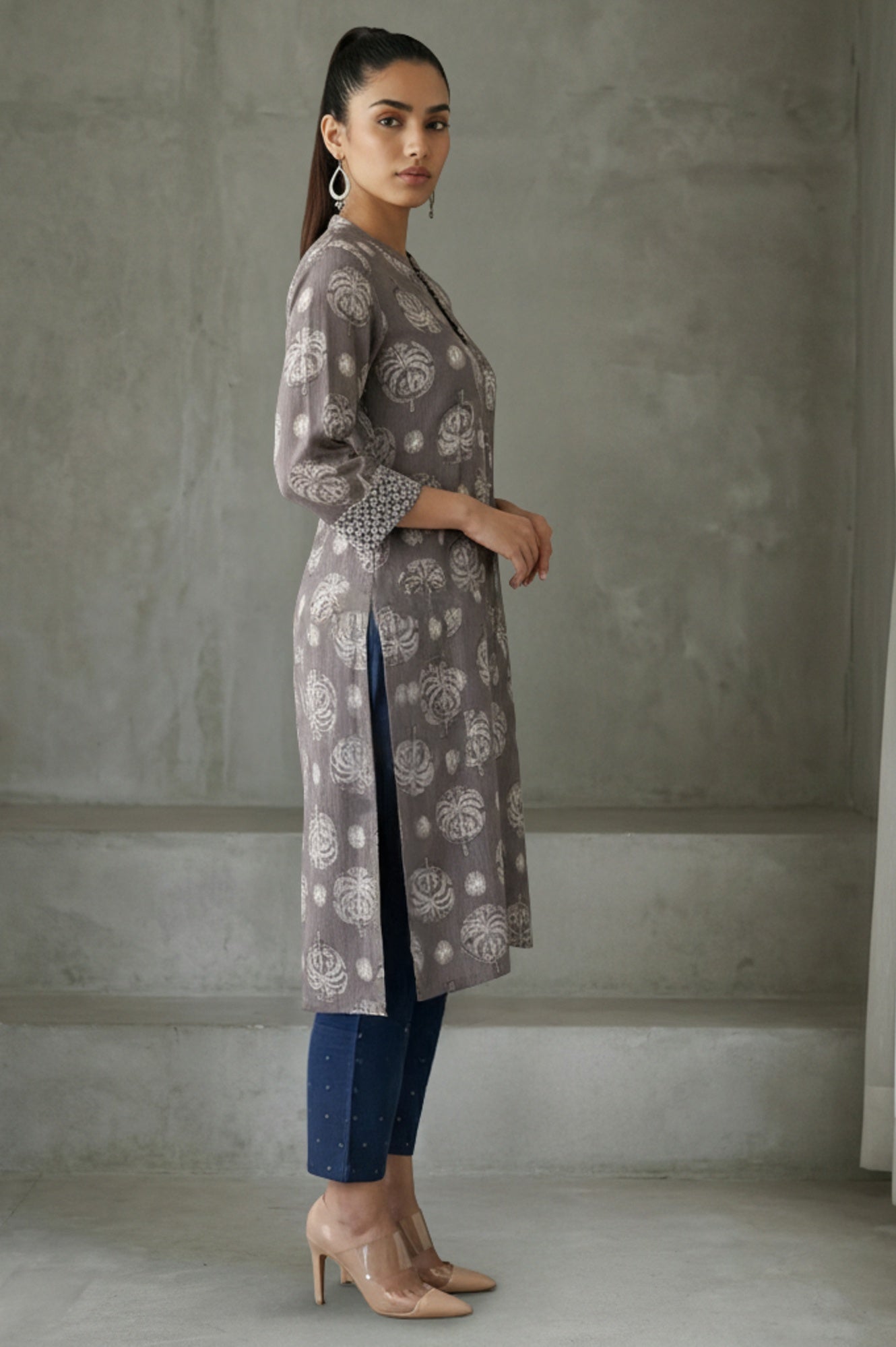 Clay Grey Botanical Block Printed Pure Cotton Straight Kurta