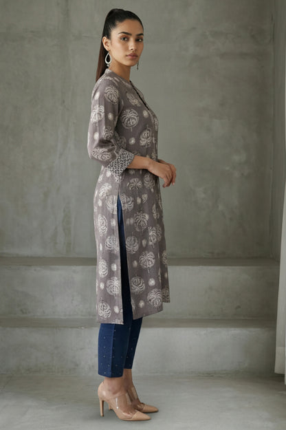 Clay Grey Botanical Block Printed Pure Cotton Straight Kurta