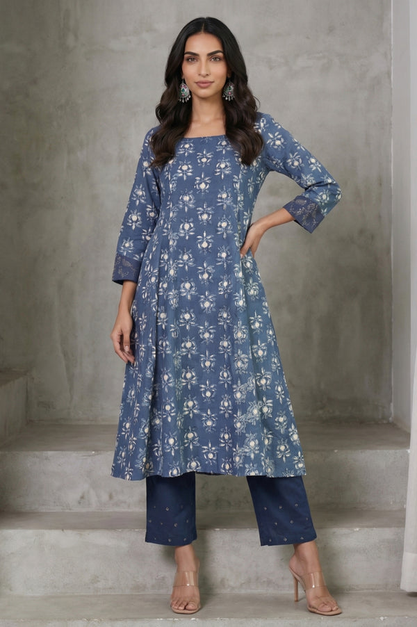 Blue Block Printed Pure Cotton A-line Kurta