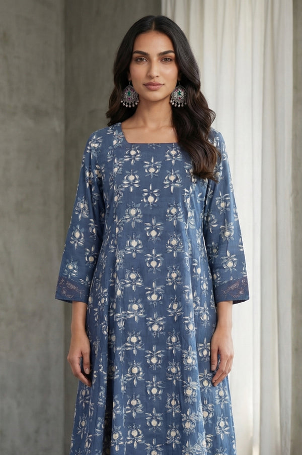 Blue Block Printed Pure Cotton A-line Kurta
